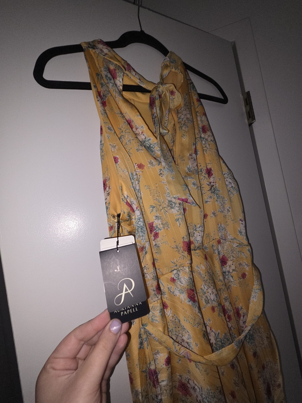 Adrianna Papell Yellow Floral Tie-Neck Dress
